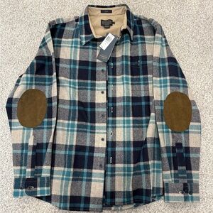 Pendleton Blue and Cream Plaid Shirt with Brown Elbow Patches